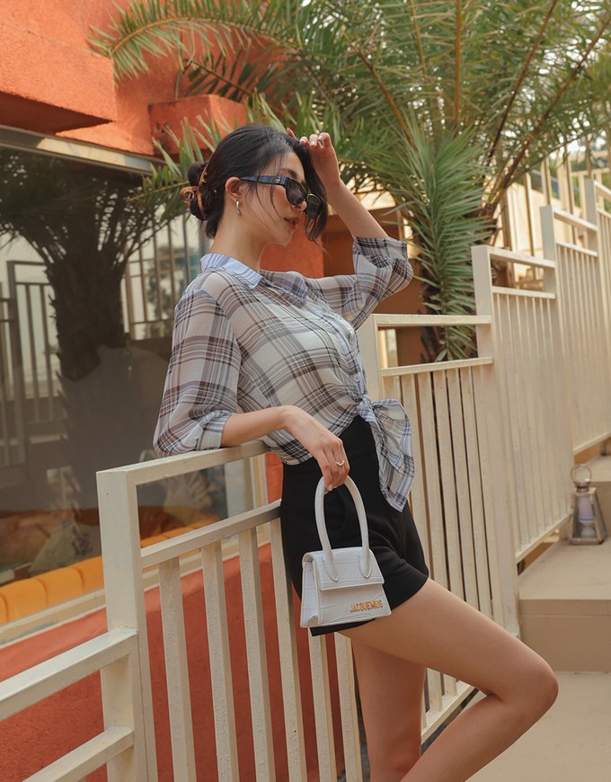 Sheer Tie Ribbon Checkered Blouse Shirt