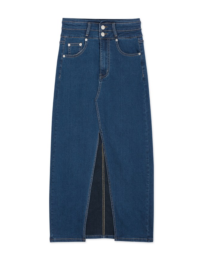 High Waisted Button-Front Slit Denim Jeans Maxi Skirt