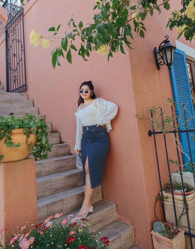 High Waisted Button-Front Slit Denim Jeans Maxi Skirt