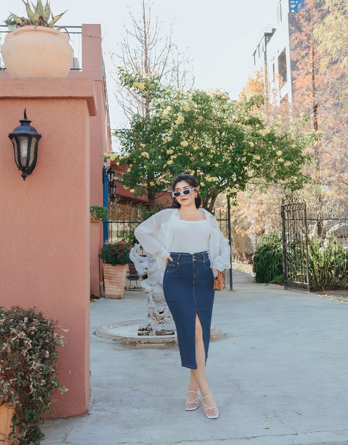 High Waisted Button-Front Slit Denim Jeans Maxi Skirt