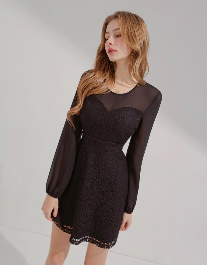 Sweetheart Translucent Sleeve Lace Mini Dress