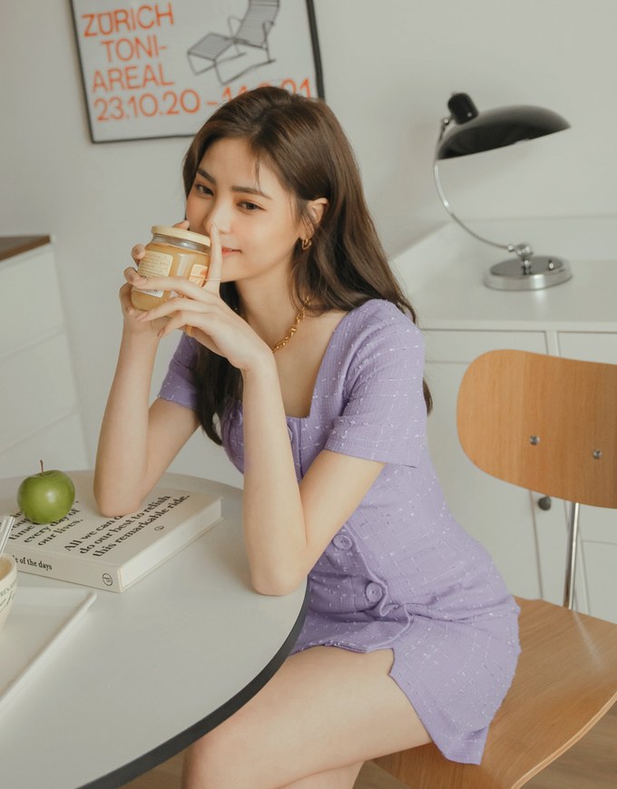 Square Neck Button Up Mini Dress
