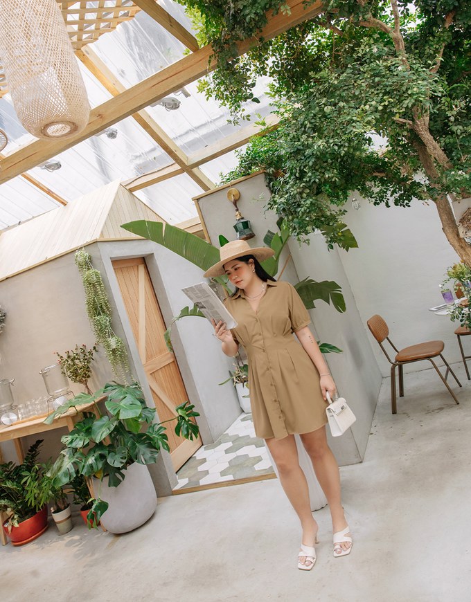Open Collar Button Down Waist Mini Dress