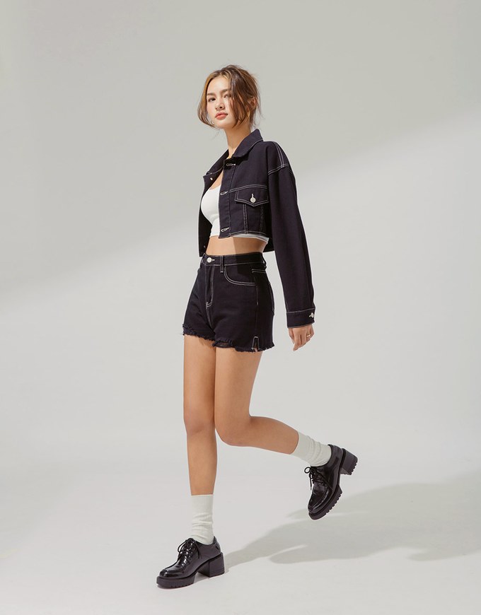 Stitched Denim Jeans Crop Blazer Jacket