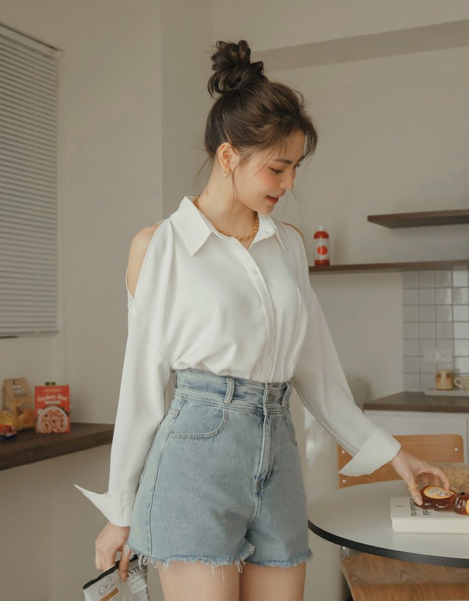 Plain Cutout Button-down Loose Long-sleeved Shirt