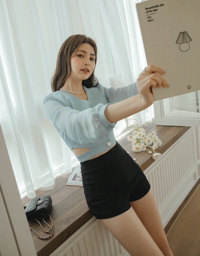 Sheer Puff Sleeve Cut Out Crop Top