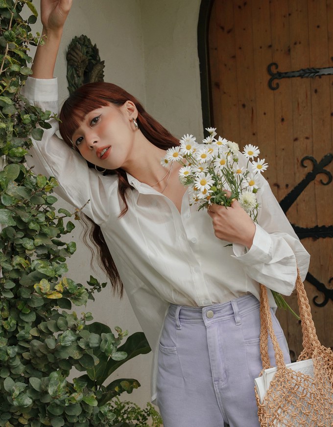 Fake Two Piece Tencel Sheer Blouse Shirt