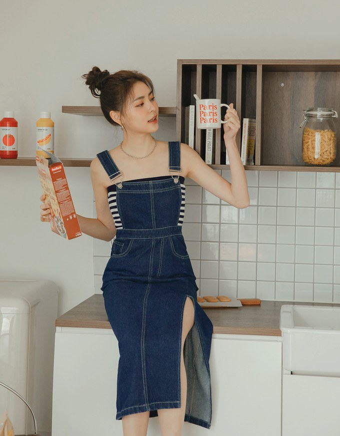 Side Slit Suspender Denim Jeans Maxi Dress