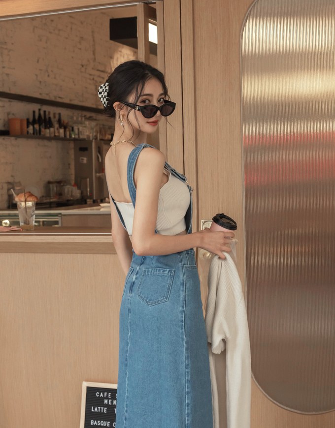 Side Slit Suspender Denim Jeans Maxi Dress