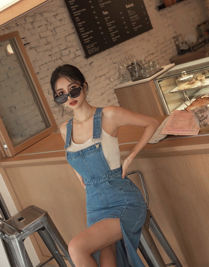 Side Slit Suspender Denim Jeans Maxi Dress