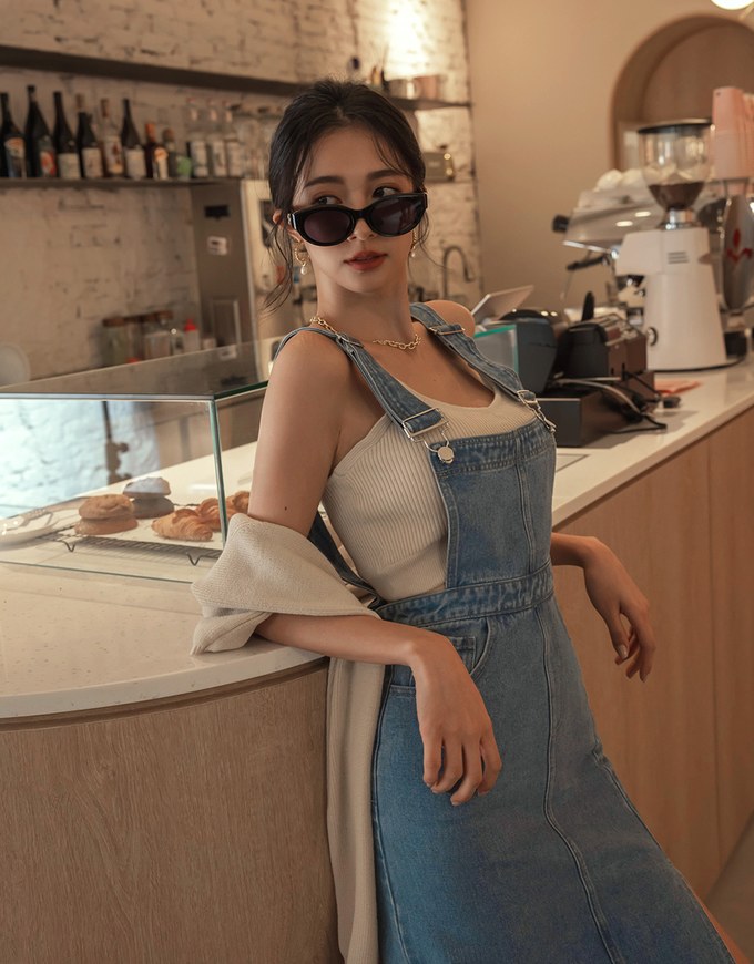 Side Slit Suspender Denim Jeans Maxi Dress
