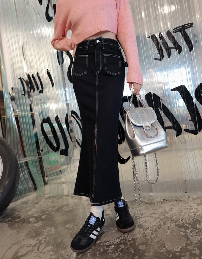 Front Slit Stitched Denim Jeans Maxi Skirt
