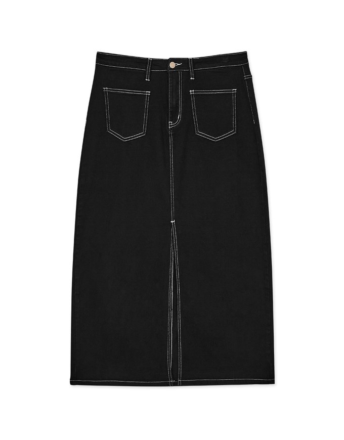 Front Slit Stitched Denim Jeans Maxi Skirt