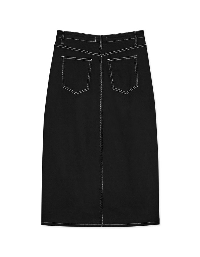 Front Slit Stitched Denim Jeans Maxi Skirt