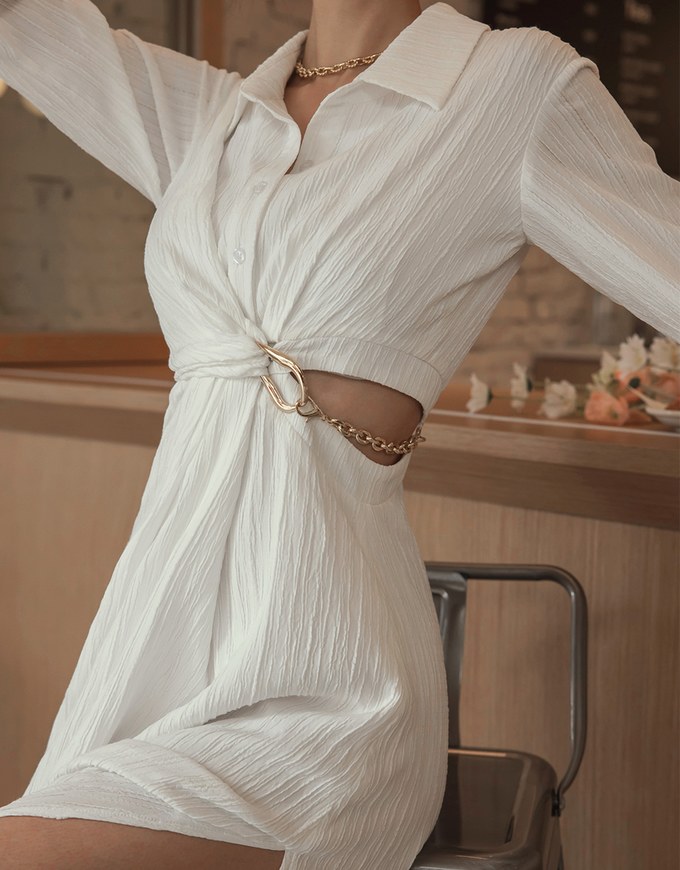 Lapel Side Gold Chain Hollow-out Long Dress