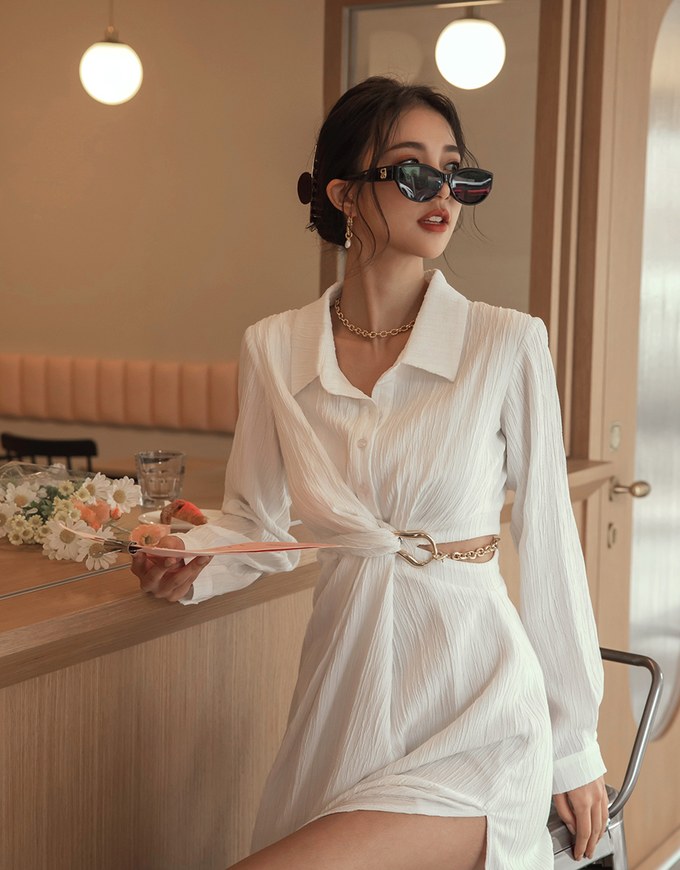 Lapel Side Gold Chain Hollow-out Long Dress