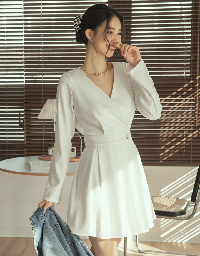 Overlap V Neck Side Button Loose Mini Dress