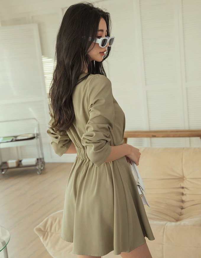 Overlap V Neck Side Button Loose Mini Dress