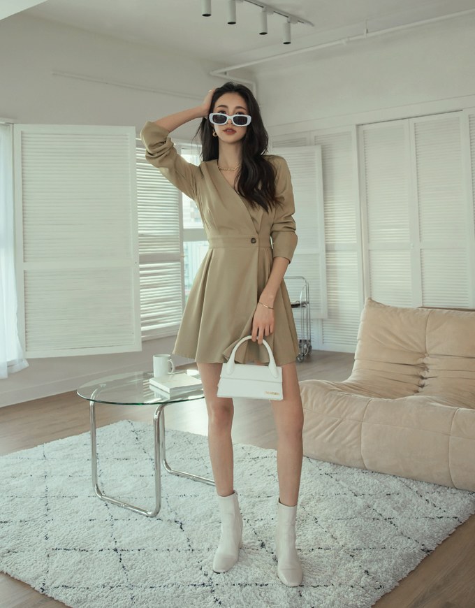 Overlap V Neck Side Button Loose Mini Dress