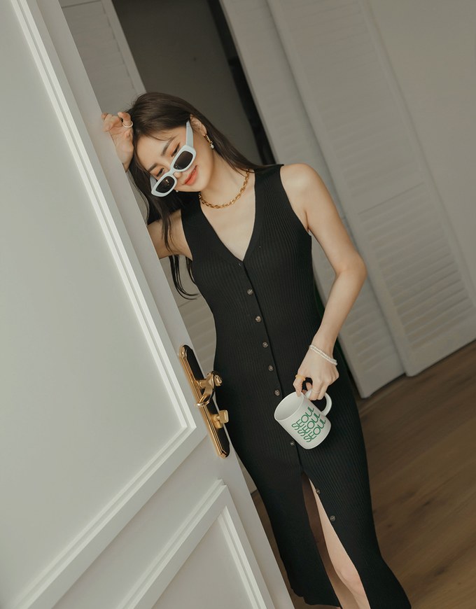 Button Knit Vest Maxi Dress