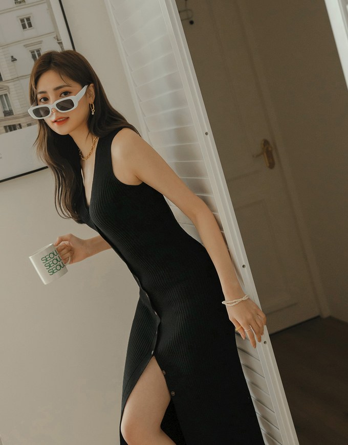 Button Knit Vest Maxi Dress