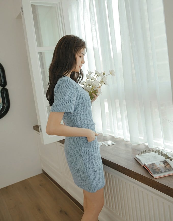 Waffle V Neck Double Mini Dress