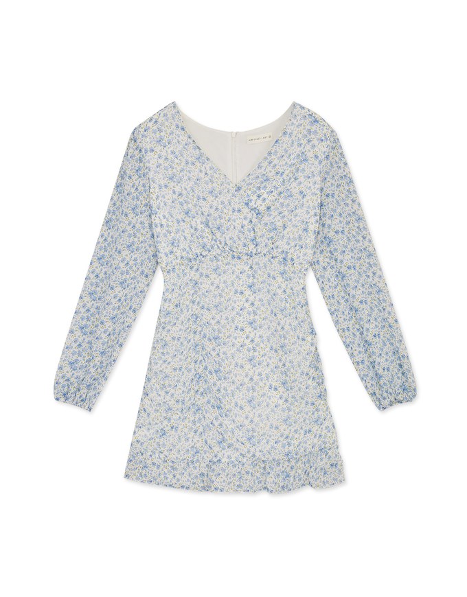 V Neck Floral Splice Ruffled Mini Dress