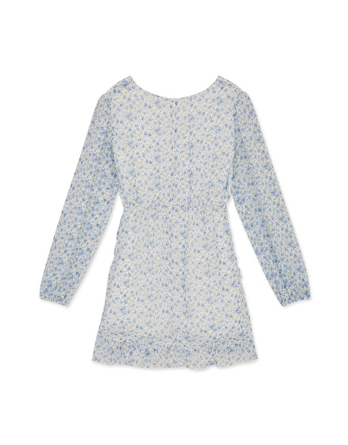 V Neck Floral Splice Ruffled Mini Dress