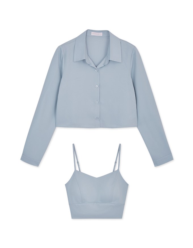 Button Up Two Piece Crop Blouse Shirt (With Padding)