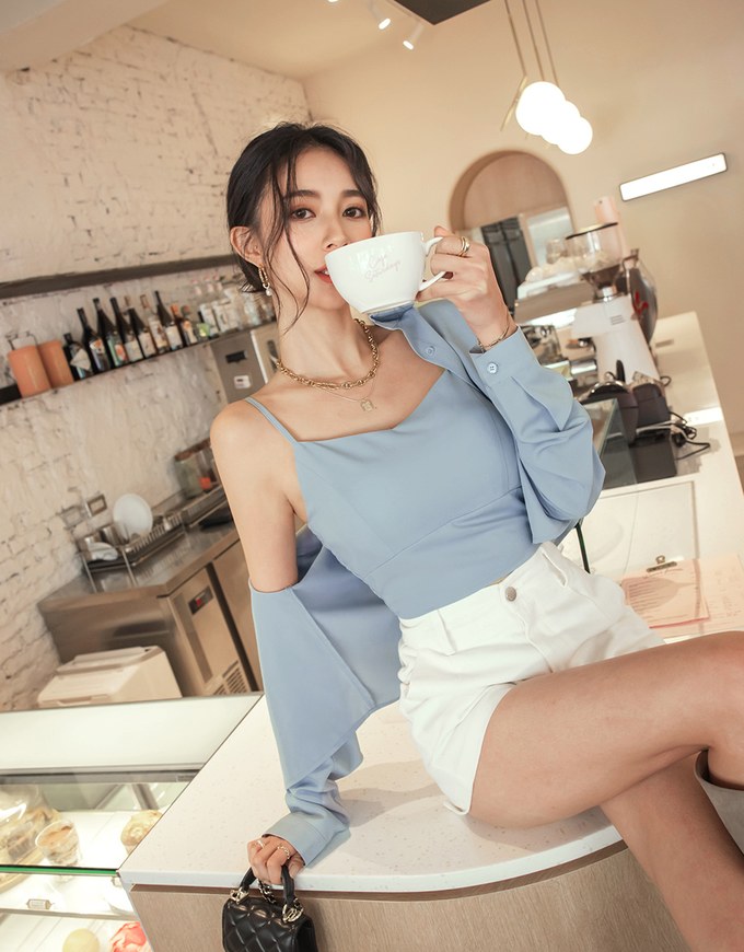 Button Up Two Piece Crop Blouse Shirt (With Padding)