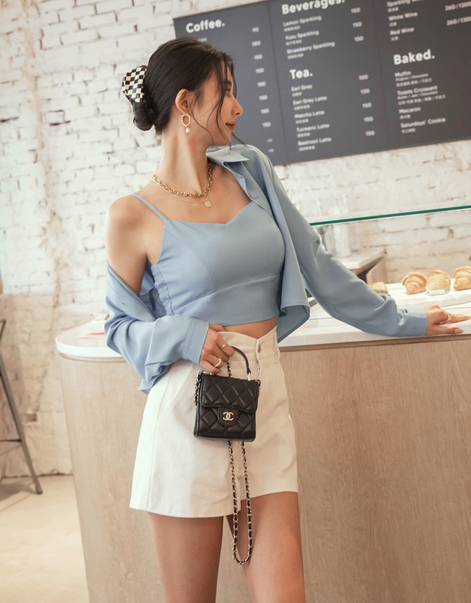 Button Up Two Piece Crop Blouse Shirt (With Padding)