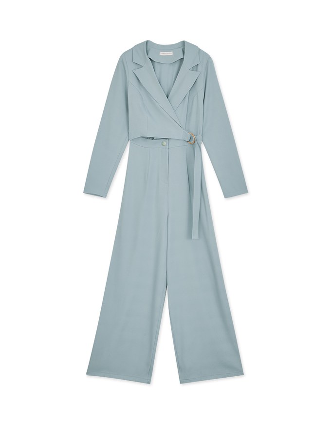 Lapel Overlap Belted Jumpsuit
