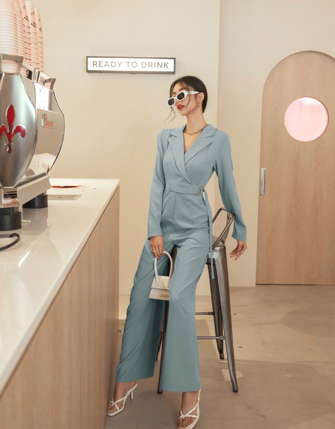 Lapel Overlap Belted Jumpsuit
