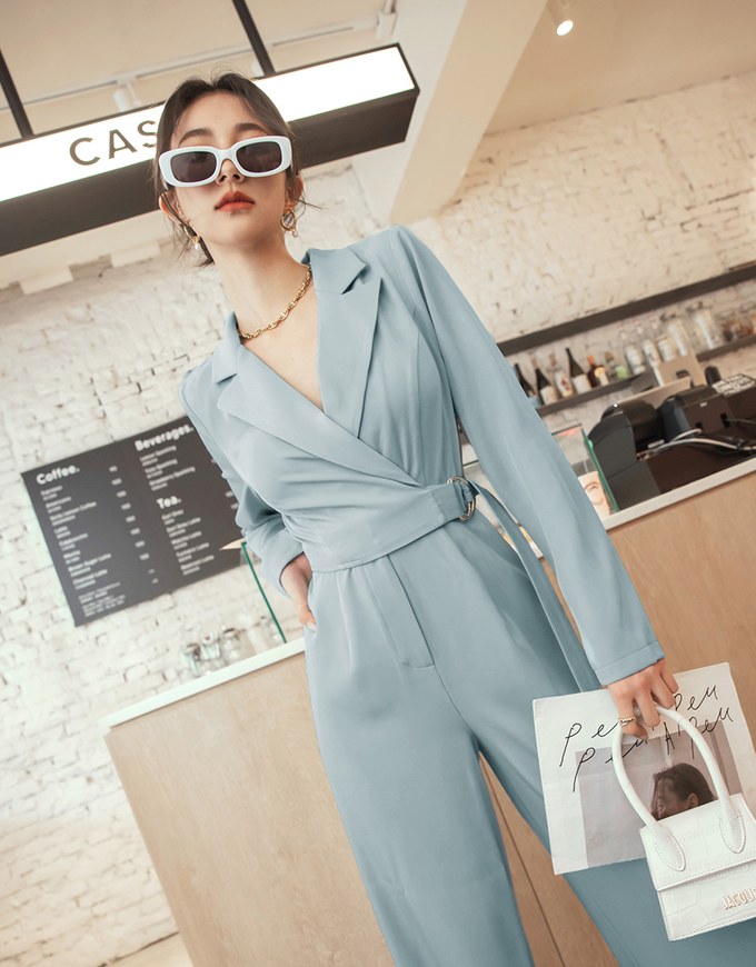 Lapel Overlap Belted Jumpsuit