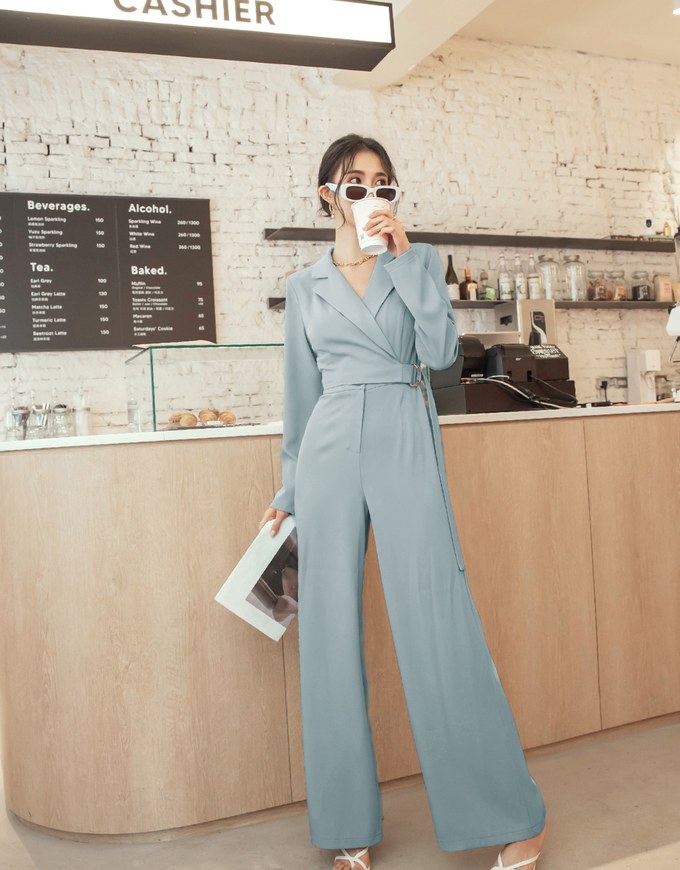Lapel Overlap Belted Jumpsuit