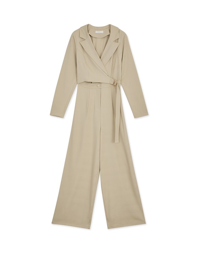 Lapel Overlap Belted Jumpsuit