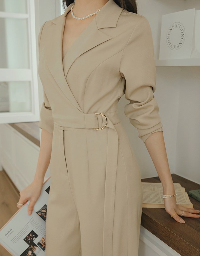Lapel Overlap Belted Jumpsuit