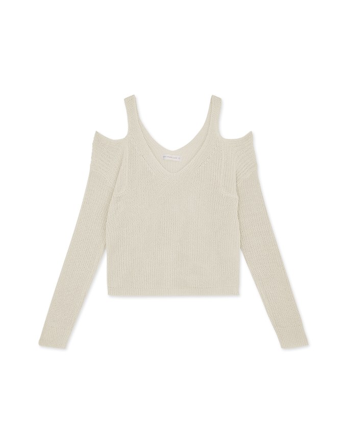 V Neck Cut Shoulder Sheer Knit Top