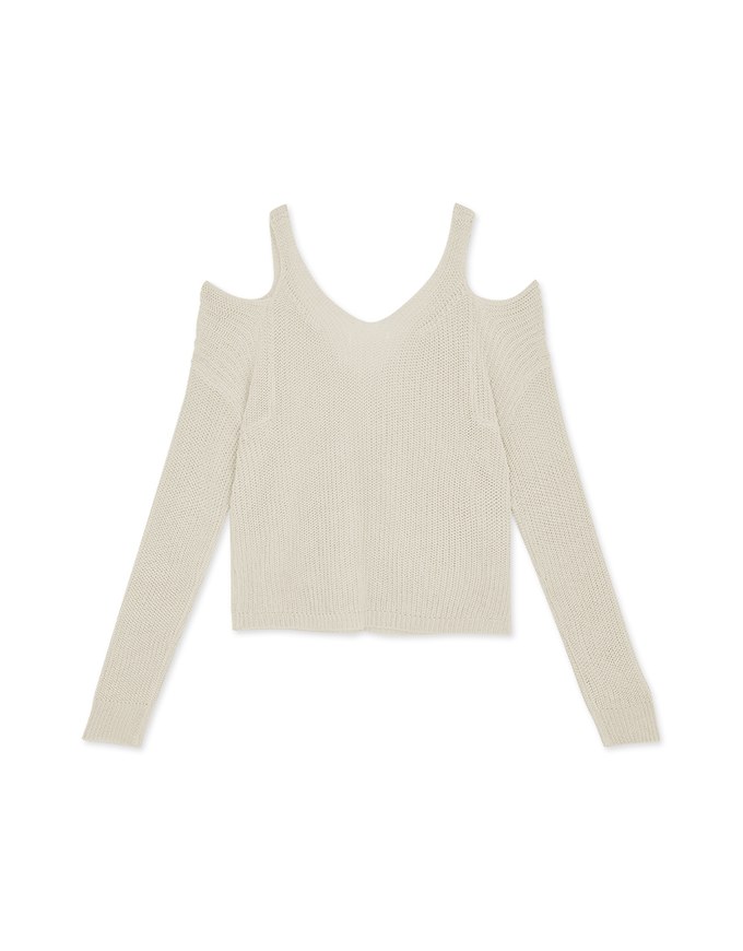 V Neck Cut Shoulder Sheer Knit Top