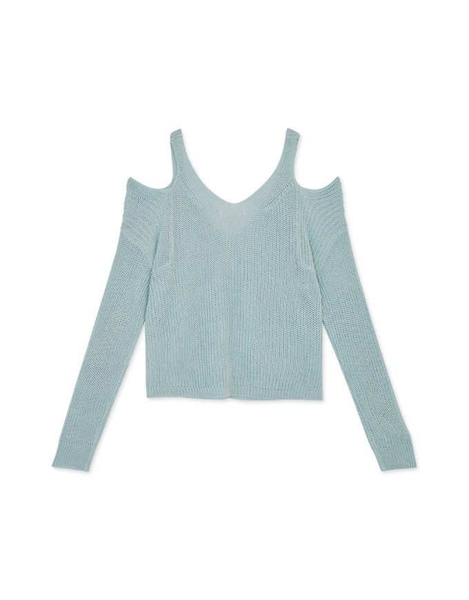 V Neck Cut Shoulder Sheer Knit Top