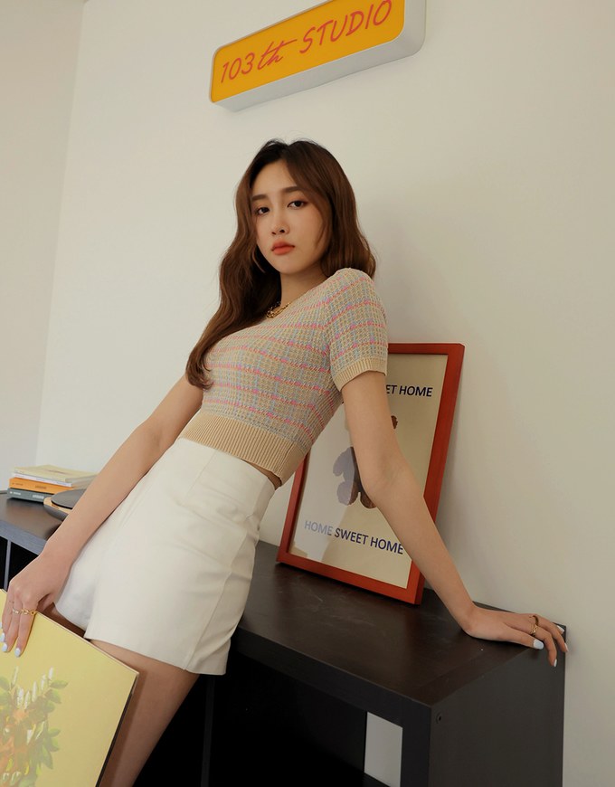 Mélange Checkered Knit Crop Top