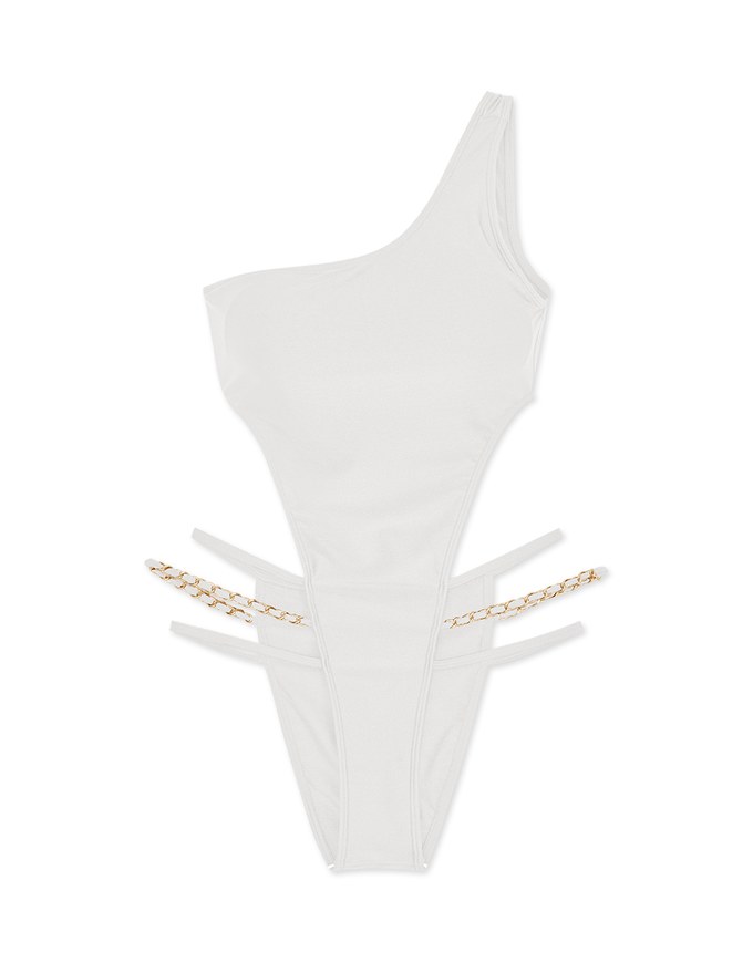 【PUSH UP 】One-Shoulder High Slit Gold Chain Hollow One-Piece Swimsuit Bra Padded