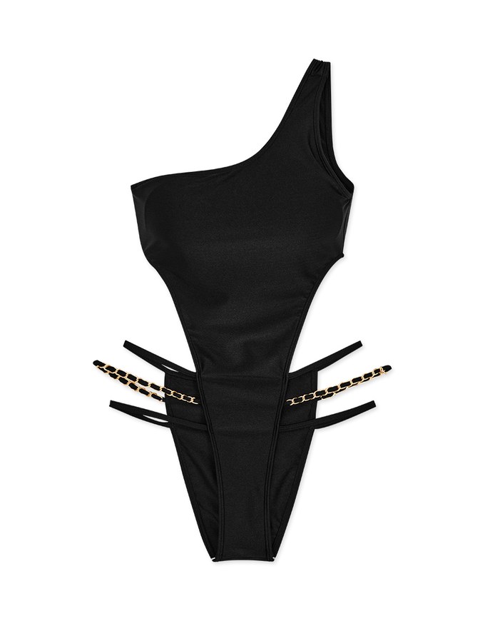 【EXTRA BODICE LENGTH 】One-Shoulder High-Slit One-Piece Swimsuit Push Up Bra Padded