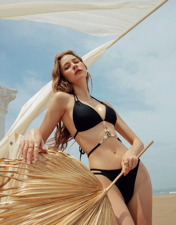 【PUSH UP】2Way Sparkling Gemstone Design Double Strap Bikini