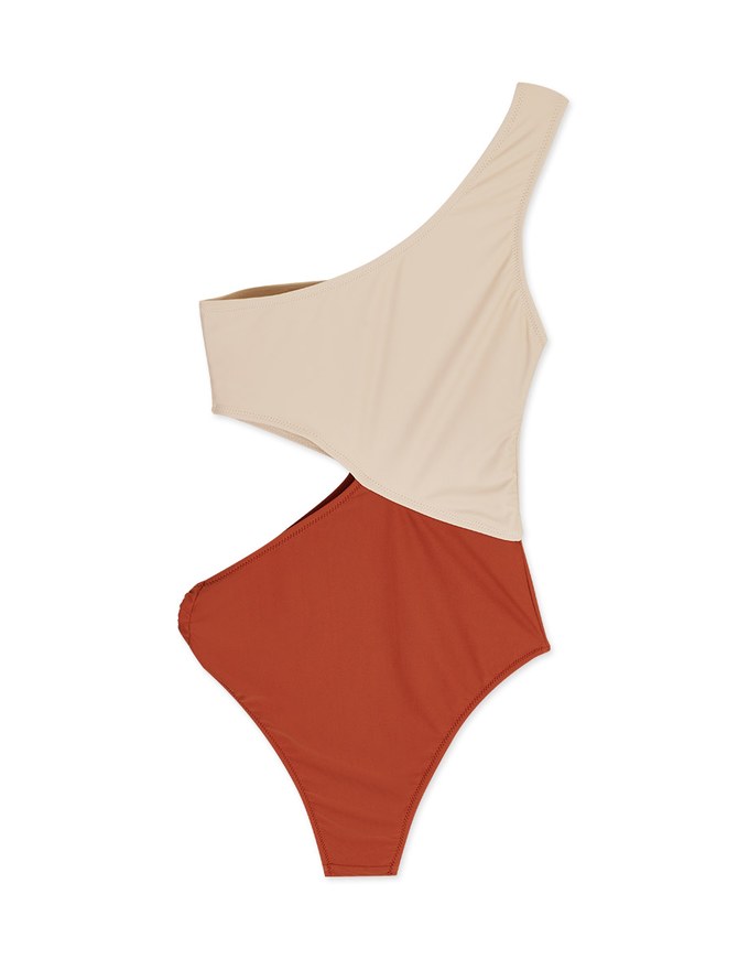 【PUSH UP 】 One-shoulder Color Block One-piece Swimsuit Bra Padded