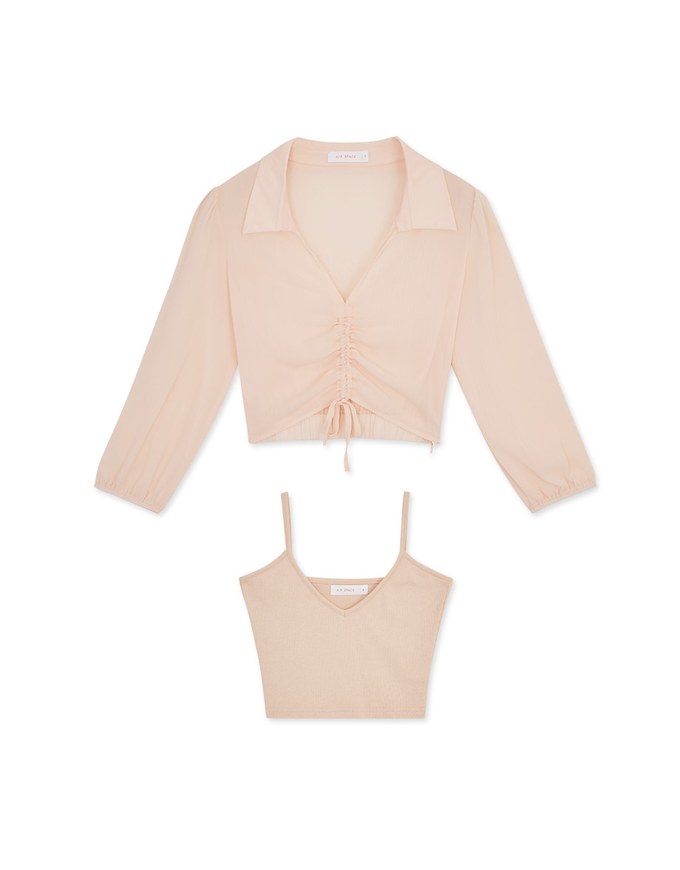 Two-Piece Sheer Drawstring Cropped Shirt