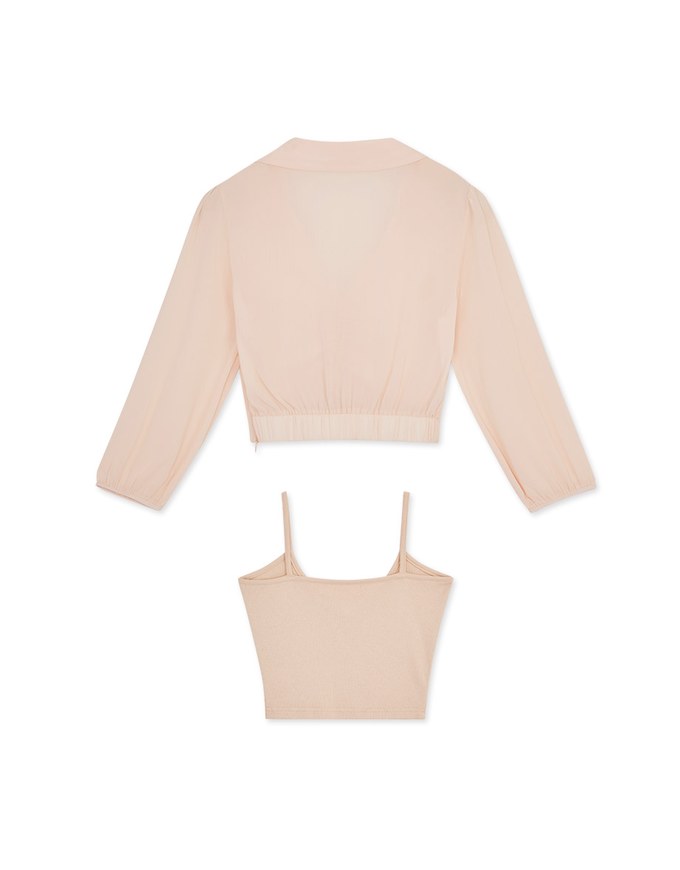 Two-Piece Sheer Drawstring Cropped Shirt