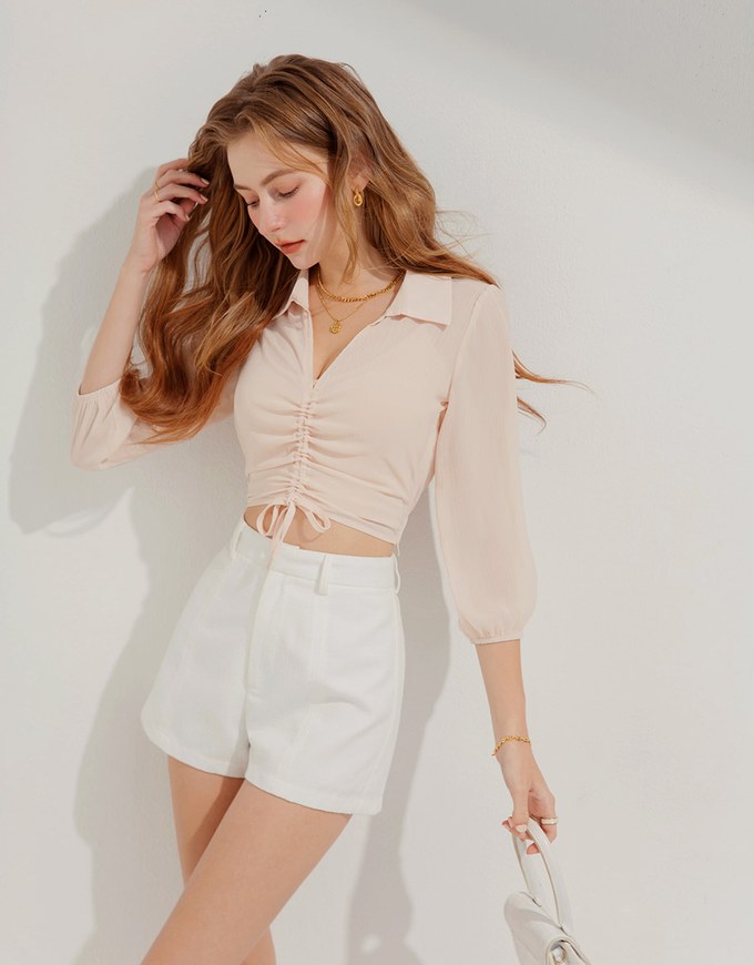 Two-Piece Sheer Drawstring Cropped Shirt
