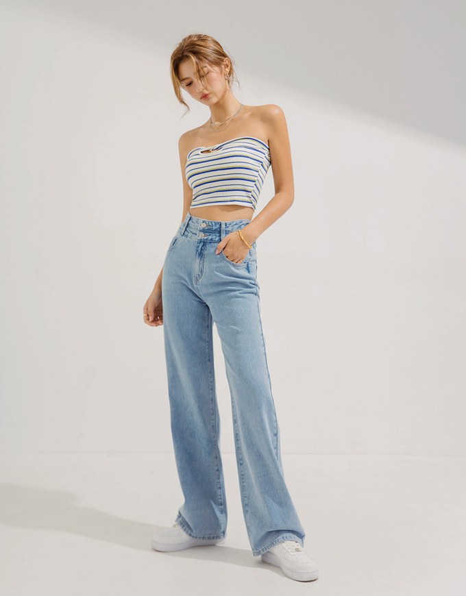 Striped Knotted Bra Padded Tube Top (With Padding)