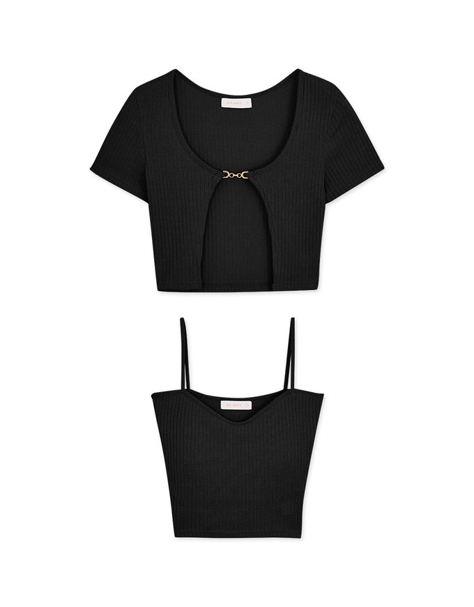 Two-Piece Gold Button Knit Crop Top (With Padding)